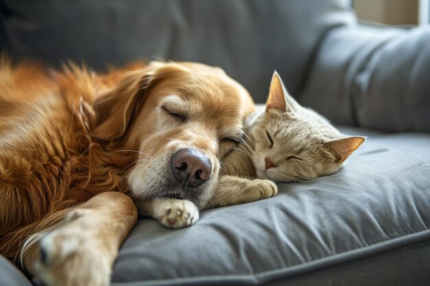 Cão e gato dormindo juntos no sofá