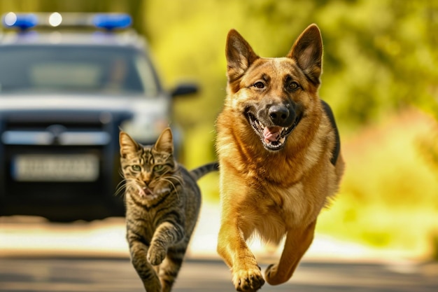 Cão e gato estão correndo juntos pela estrada com carros ao fundo