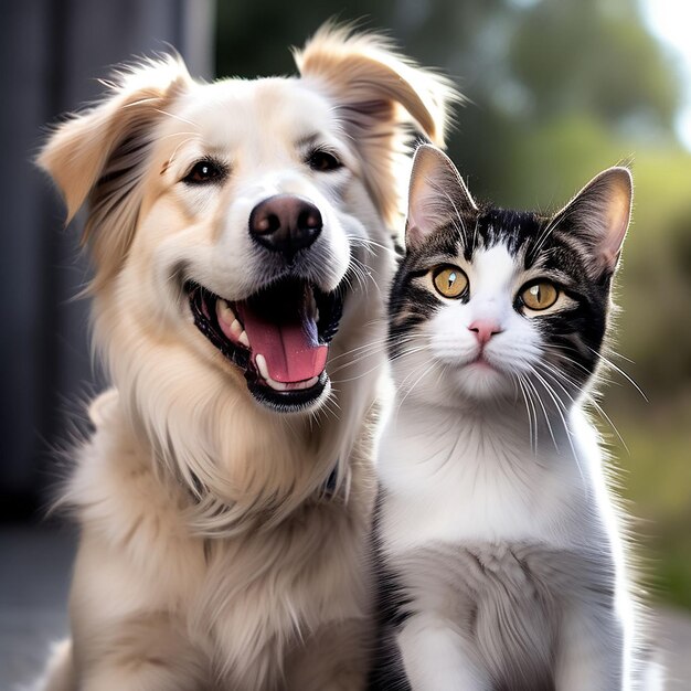 cão e gato felizes que olham para a câmera juntos isolados