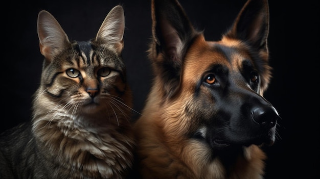 Cão e gato felizes retrato detalhado fotografia profissional