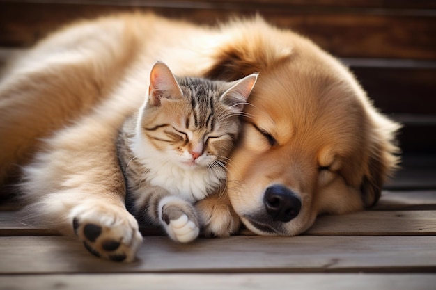 Cão e gato fofos dormindo juntos em uma cama