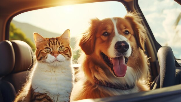 Foto cão e gato fofos no carro .