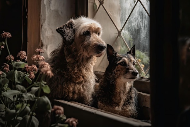 Cão e gato na janela