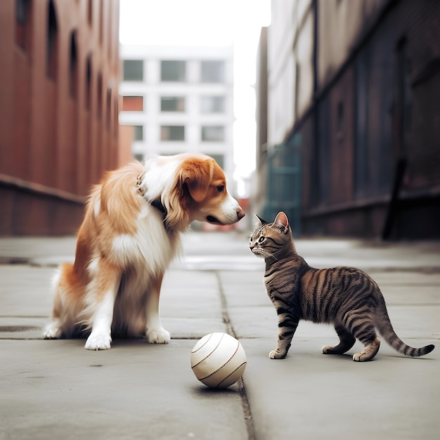 Cão e gato num beco com uma bola