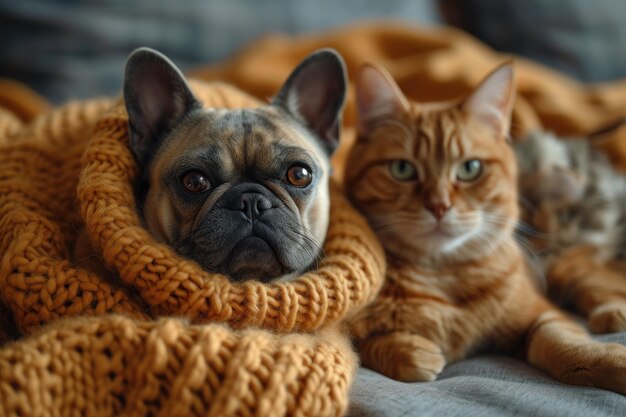 Cão e gato relaxando no cobertor