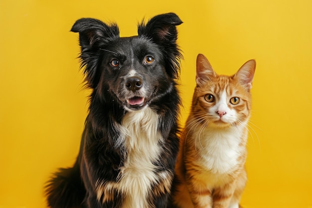 Cão e gato sentados juntos em fundo amarelo
