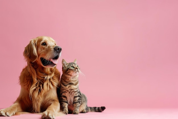 Cão e gato sentados juntos em fundo rosa