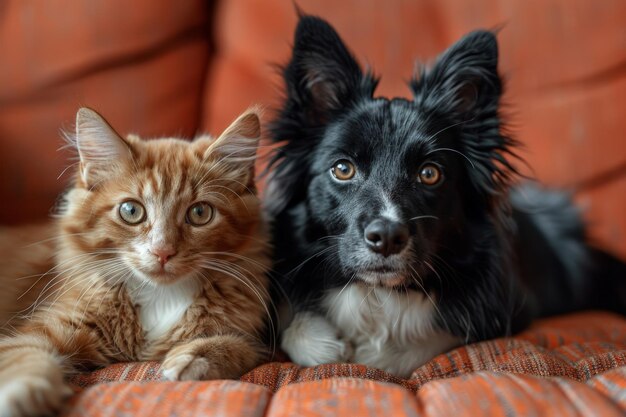 Cão e gato sentados no sofá