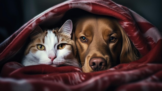 Cão e gato sob uma manta Animal de estimação se aquece sob um cobertor no clima frio do outono criado com a tecnologia Generative Al