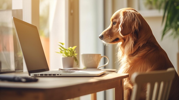 Cão e portátil a trabalhar em casa