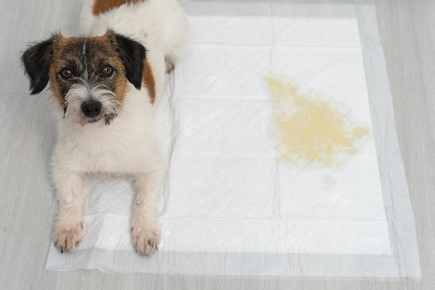 Cão e uma poça de urina em uma fralda de cachorro Conceito de treinamento de cães em casa