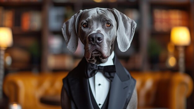 Cão elegante de smoking em casa