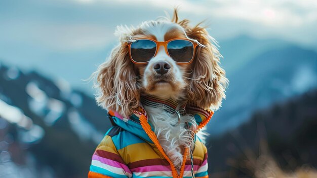 Cão elegante usando óculos de sol e jaqueta colorida ao ar livre