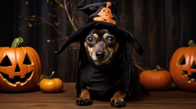 Foto cão em traje de halloween cercado por lanternas de abóbora