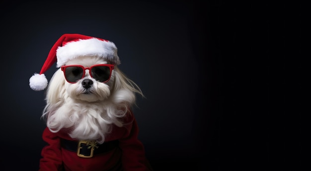 Foto cão em traje de papai noel panorama de férias de ano novo com lugar para o seu texto foto de alta qualidade