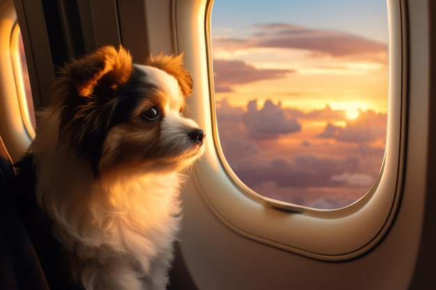 Cão em um avião perto de uma janela ao pôr do sol