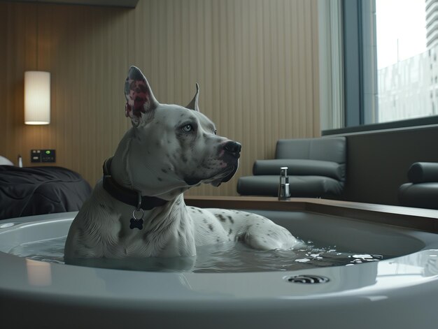 cão em um banho de espuma em um interior moderno