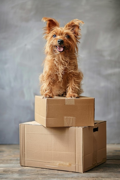 Foto cão em um fundo de caixas de papelão se movendo ai generativa