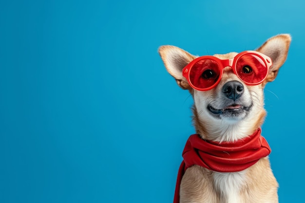 Cão em um traje de super-herói em um fundo azul