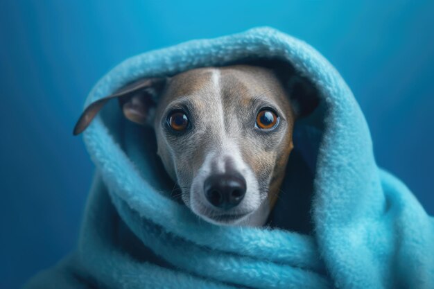 Foto cão embrulhado num cobertor azul.