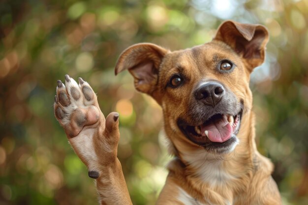 Foto cão engraçado com a pata erguida mostrando um gesto de cinco.