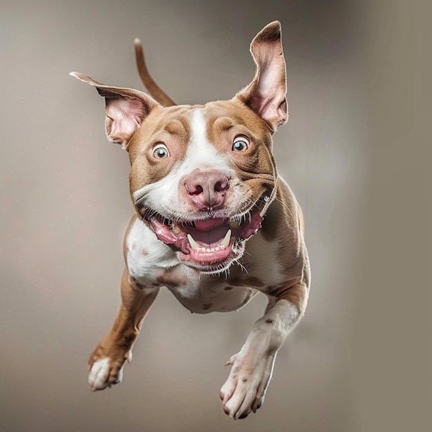 Cão engraçado com olhos loucos a voar no ar.