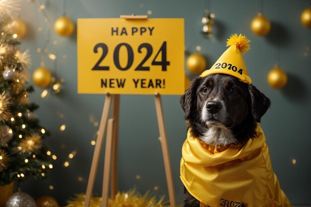 Cão engraçado comemorando o ano novo de 2024 com traje de sinal isolado em fundo amarelo