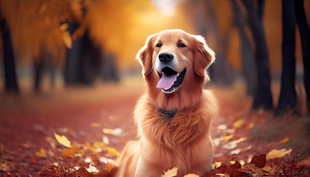 Cão engraçado de golden retriever no parque de outono ao ar livre com Generative AI Technology