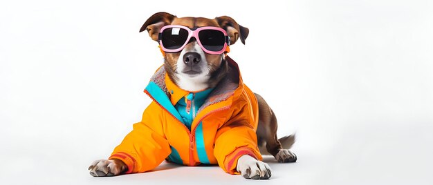 Cão engraçado e bonito sorrindo nas férias de inverno esquiando bandeira de gatinho larga com espaço de cópia no lado