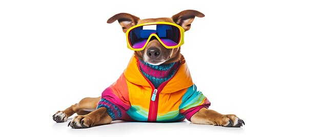 Cão engraçado e bonito sorrindo nas férias de inverno esquiando bandeira de gatinho larga com espaço de cópia no lado