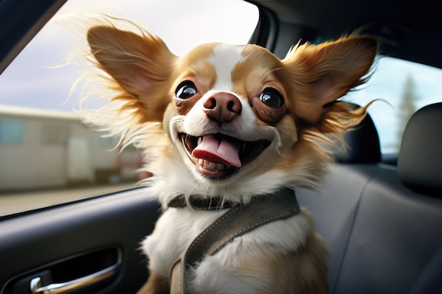 Cão engraçado e feliz a olhar pela janela do carro