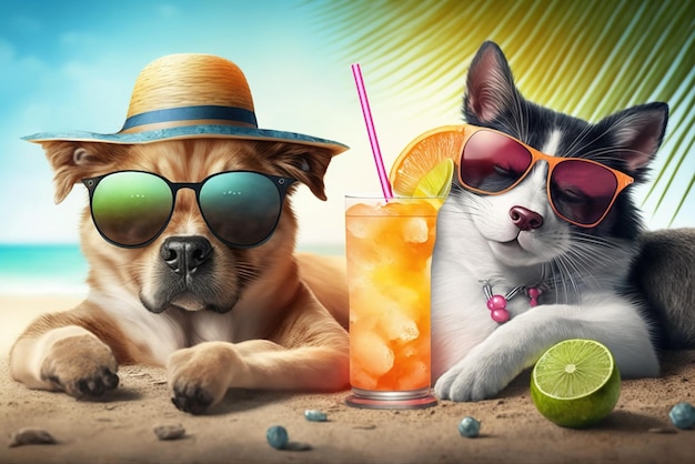 Cão engraçado e gato na praia do mar animais de estimação relaxam com coquetel em férias generative AI