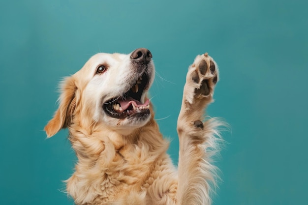 Foto cão engraçado e surpreso levantando a mão em fundo de cor isolado