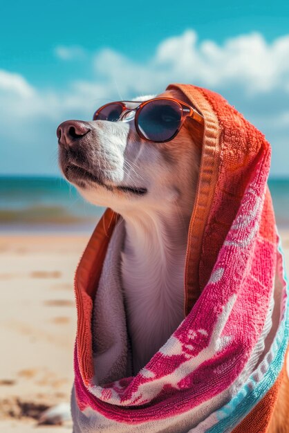 Cão engraçado em férias de verão na praia com uma toalha em volta da cabeça em um dia ensolarado animal antropomórfico