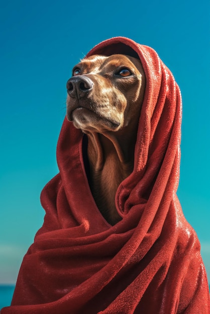 Cão engraçado em férias de verão na praia com uma toalha em volta da cabeça em um dia ensolarado animal antropomórfico