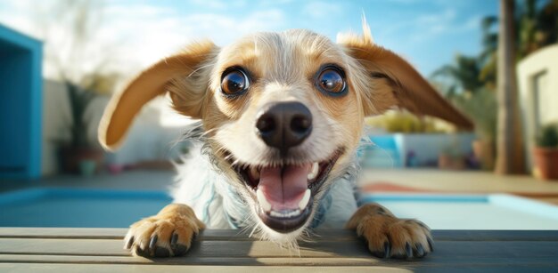 Foto cão engraçado em uma rua no fundo do quintal e piscina de água