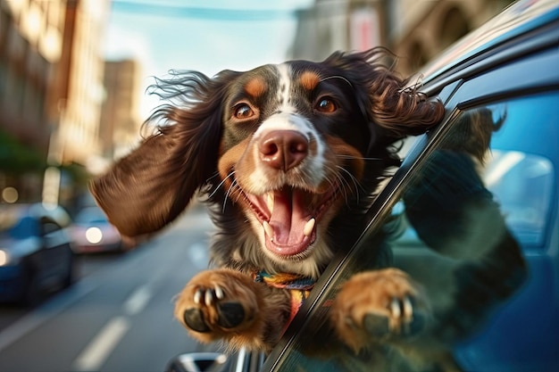 Cão engraçado na janela do carro durante a viagem de carro feita com Generative AI Viajando com animais de estimação