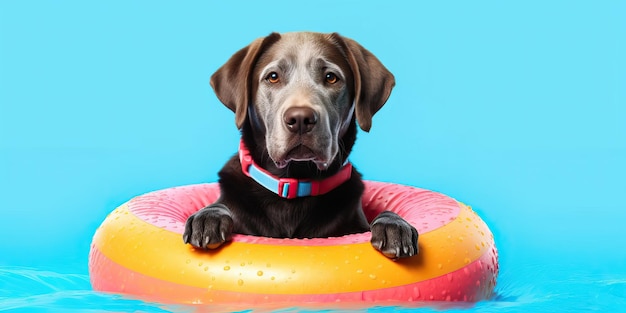 Cão engraçado relaxando em uma piscina flutuando na água conceito de verão animal de estimação amor amizade