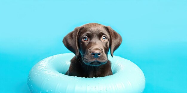 Cão engraçado relaxando em uma piscina flutuando na água conceito de verão animal de estimação amor amizade