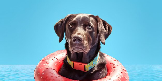 Foto cão engraçado relaxando em uma piscina flutuando na água conceito de verão animal de estimação amor amizade