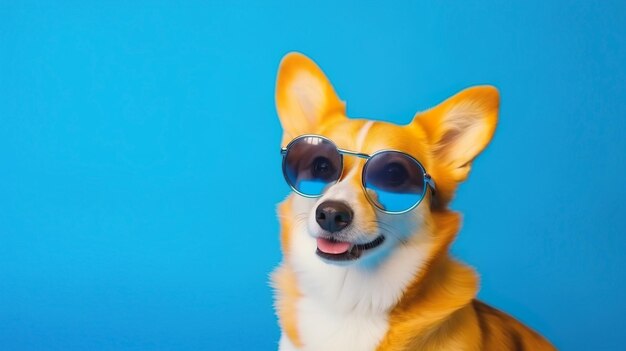 Cão engraçado usando óculos de sol em fundo de cor azul pastel AI gerativa