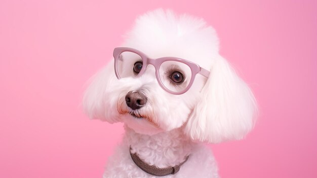 Cão engraçado usando óculos de sol em fundo de cor rosa pastel AI gerativa