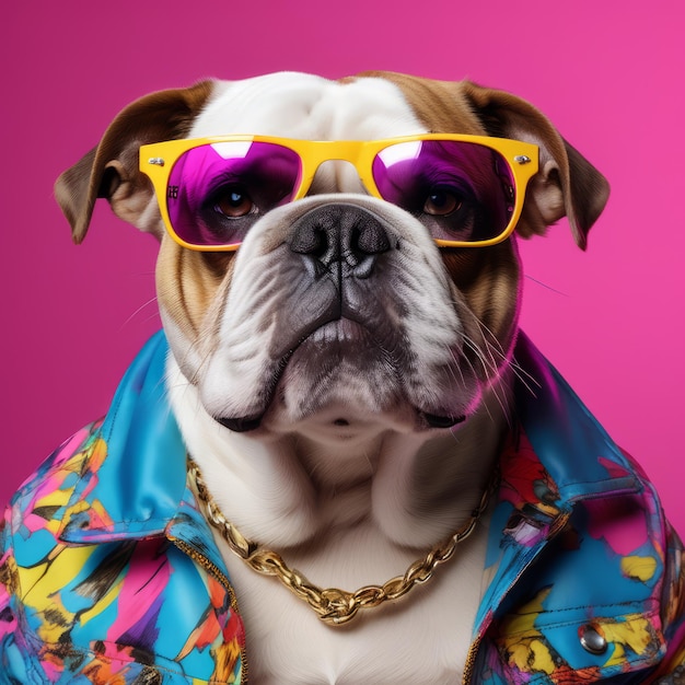cão engraçado vestido com óculos de sol e casaco em um fundo rosa com um cão