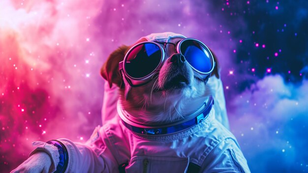 Cão espacial bonito vestido com traje de astronauta com fundo de Galaxy Star Ai Generative