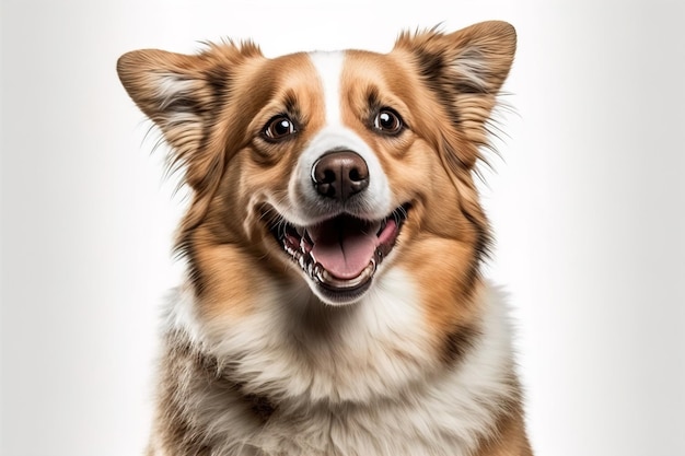 cão está sorrindo no fundo branco