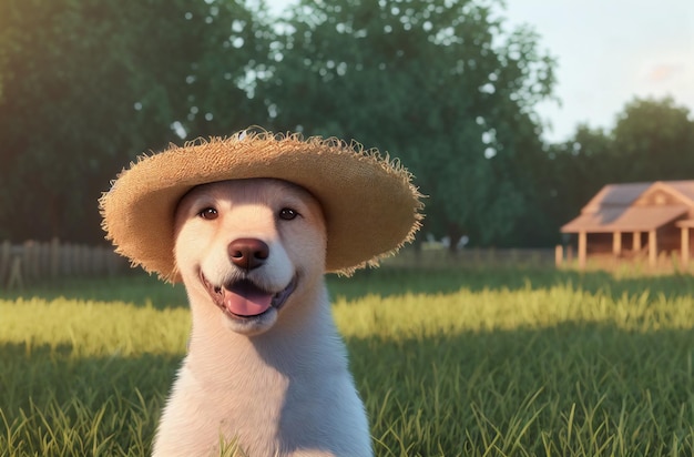 Cão fazendeiro bonito em um chapéu de palha em uma fazenda em um dia ensolarado de verão Generative AI
