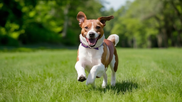 Cão feliz a divertir-se no parque