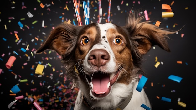 cão feliz carnaval de ano novo ou conceito de aniversário com confeti caindoAIGenerative AI