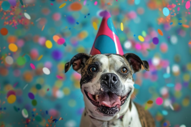 Cão feliz com um chapéu festivo com pontos vibrantes de confete no ar AI geradora