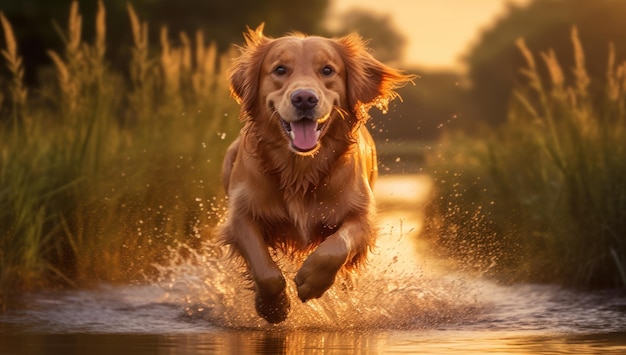 Cão feliz corre na água Animais de estimação ativos divertindo-se com amigos no oceano Cachorro brincalhão experimentando momentos alegres no sol e na areia